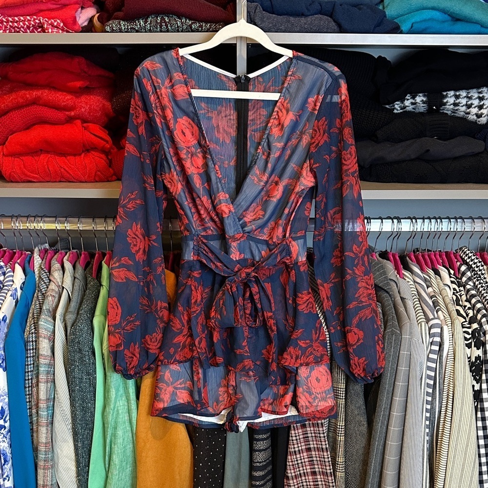 Unbranded navy/red floral semi sheer long sleeve v neck lined romper size S
